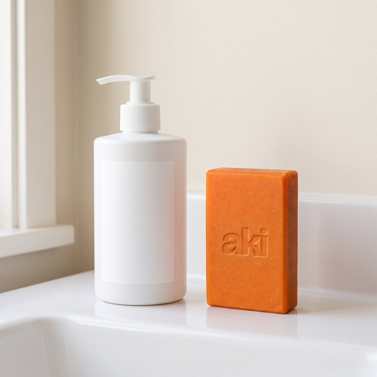 aki body wash pump bottle next to the persimmon bar