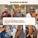 Men 40+ holding the aki bar with a customer review