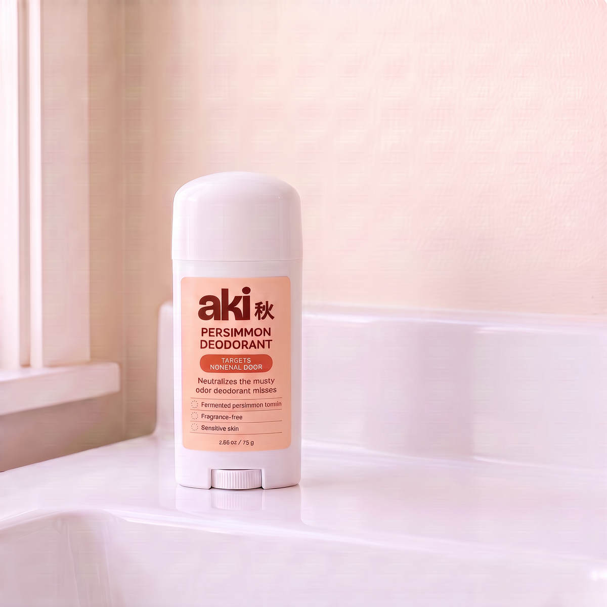 aki persimmon deodorant stick on a bathroom counter