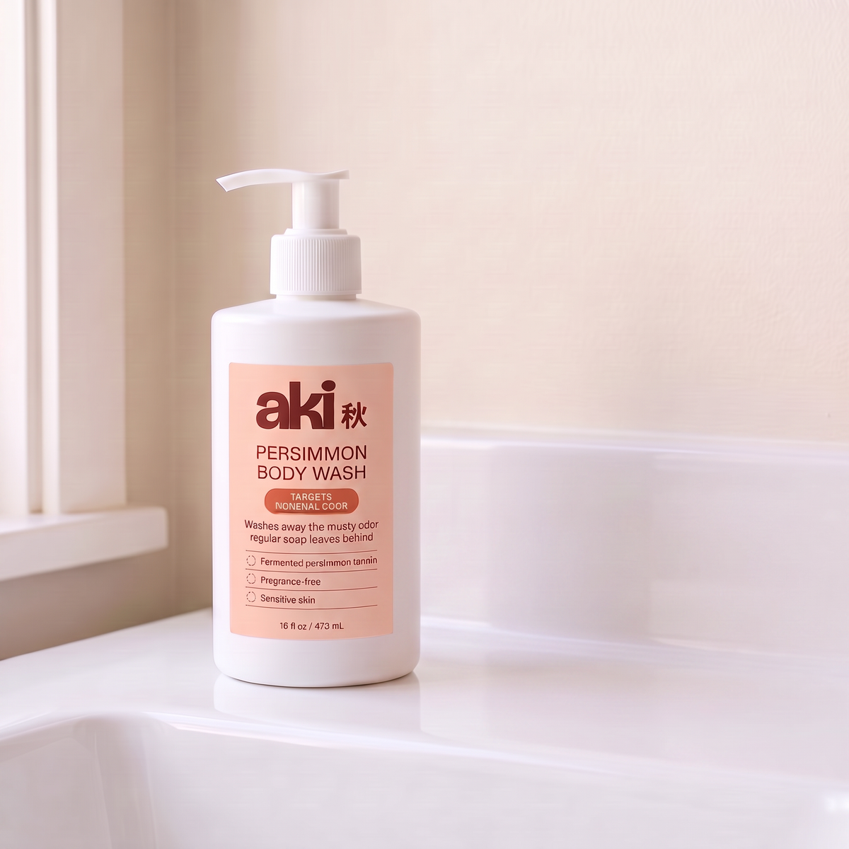 aki persimmon body wash pump bottle on a bathroom counter
