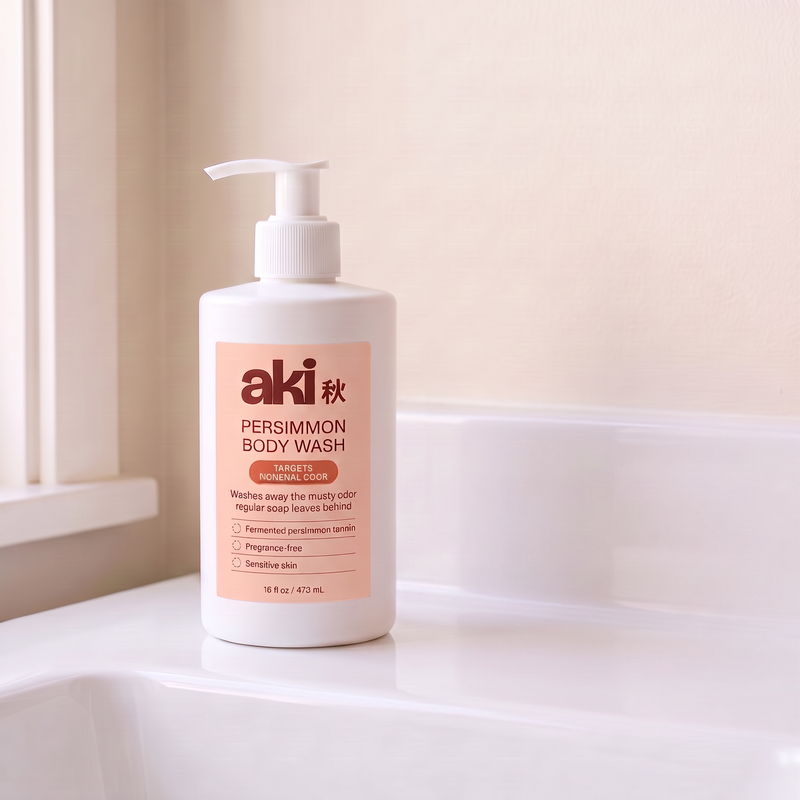 aki persimmon body wash pump bottle on a bathroom counter