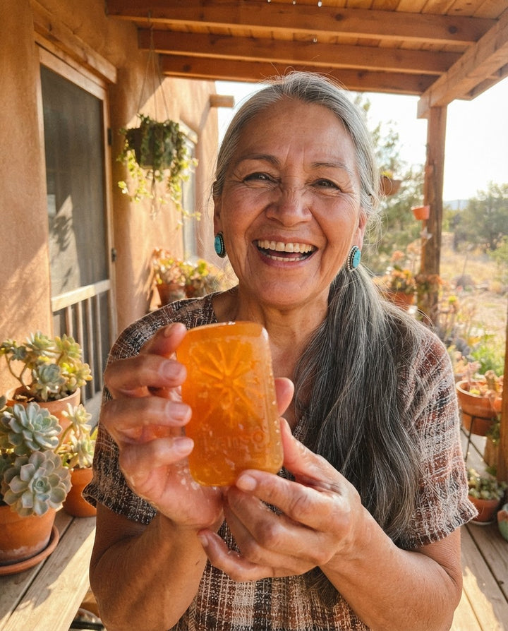 Sample review photo: woman holding the aki persimmon bar