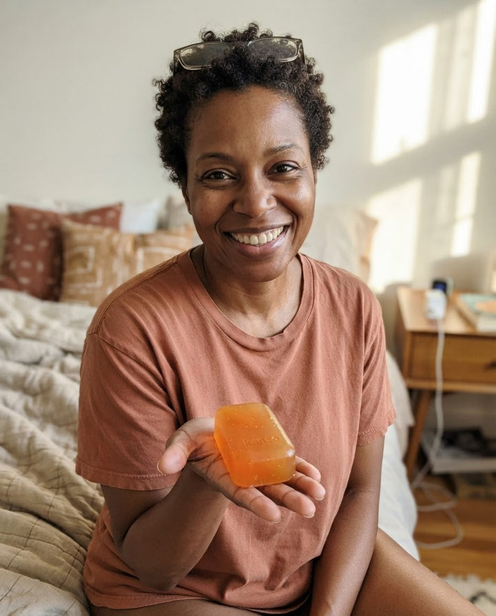 Sample review photo: woman holding the aki persimmon bar